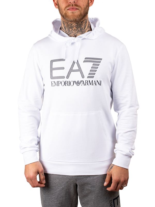 EA7 Emporio Armani Large Chest Logo Hoodie in White | Dapper Street