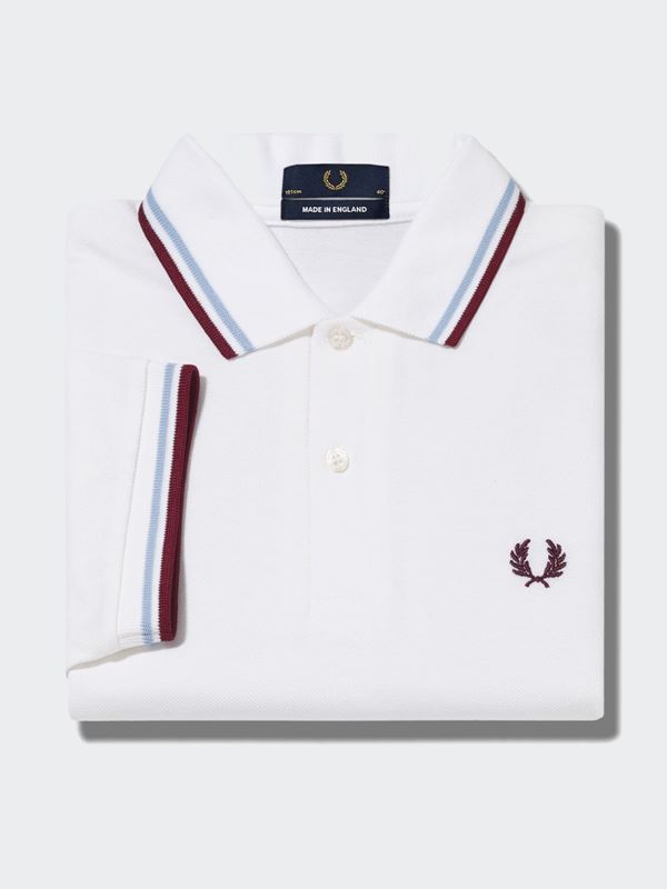 Fred Perry Made In England Men's M12 Twin Tipped Fred Perry Shirt in White  / Ice / Maroon