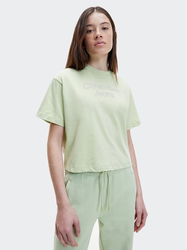 Calvin Klein Jeans Women's Silver Embroidery Loose T-Shirt in Jaded Green