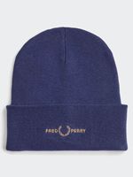 fred perry unisex graphic beanie in french navy / dark caramel