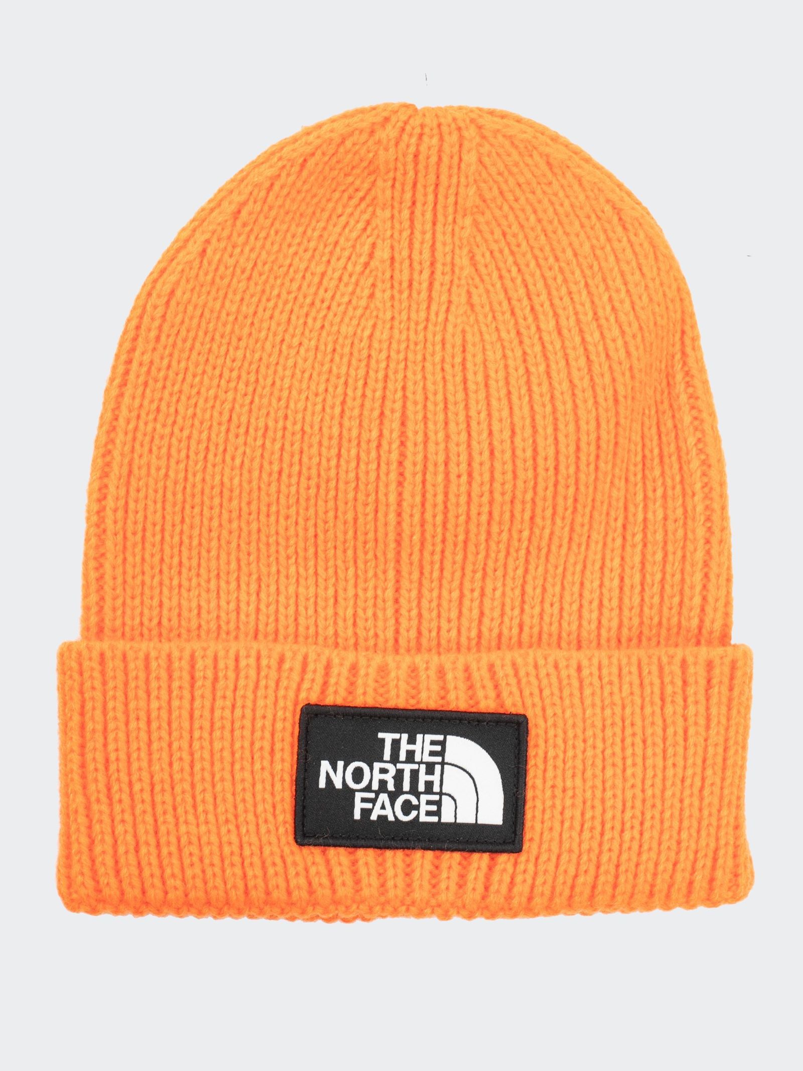 The North Face Logo Box Cuffed Beanie in Red Orange | Dapper Street